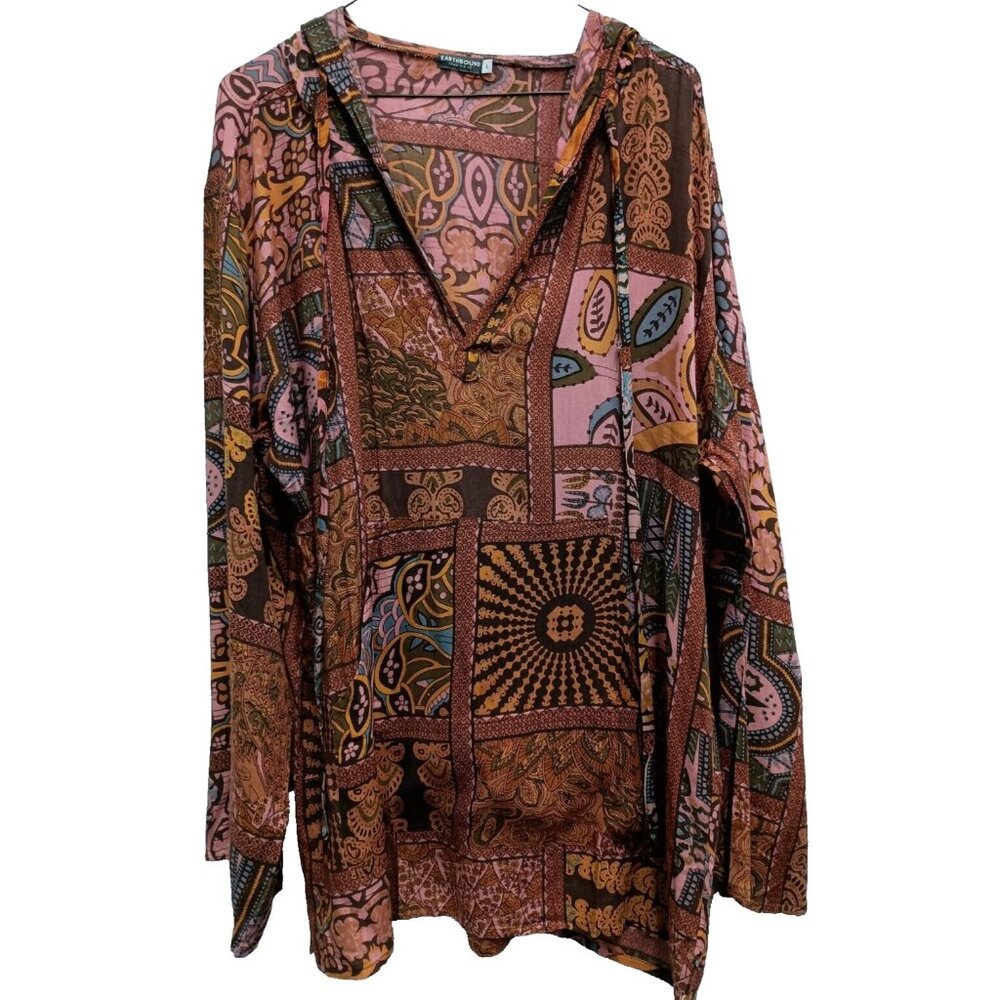 Earthbound Trading Co Womens Hoodie Top Large Orange Mixed Print BOHO Hippie